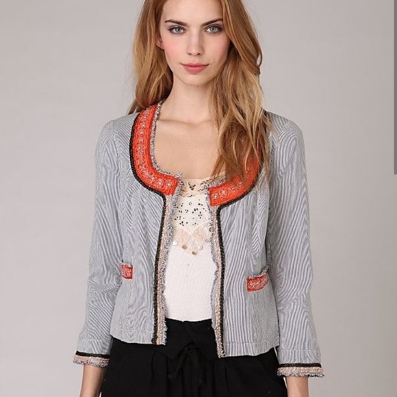 NWOT-Free People My Fair Lady embellished   trim blue pinstripe cropped jacket - Picture 2 of 9